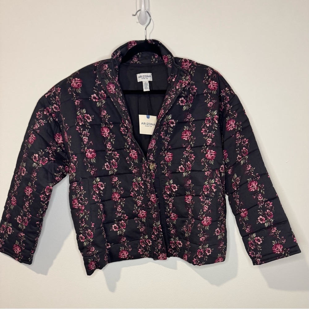 Arizona Jean Company Black Quilted Puffer Jacket with Pink Floral Print